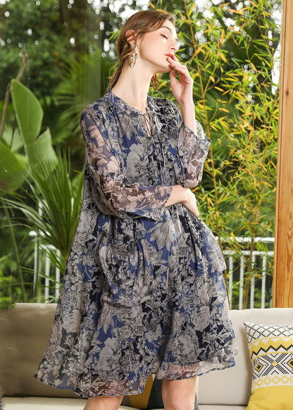 Stand Collar Oversized Print Chiffon Holiday Dress Long Sleeve