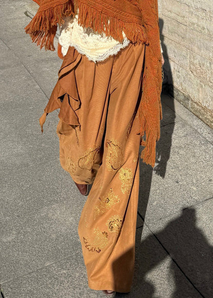 Brown Embroidered Asymmetrical Sequins Wide Leg Pants Fall