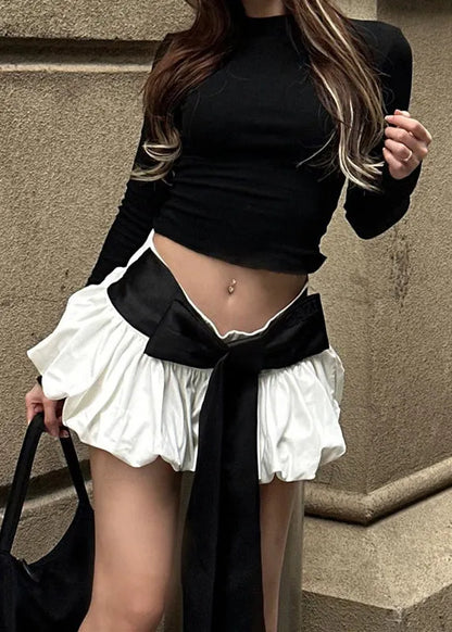 New Black Tops and White Skirts Lace Up Cotton Two Pieces Set Spring