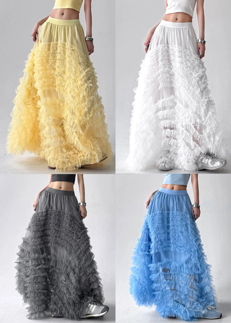 White Wrinkled Tulle a Line Skirts High Waist
