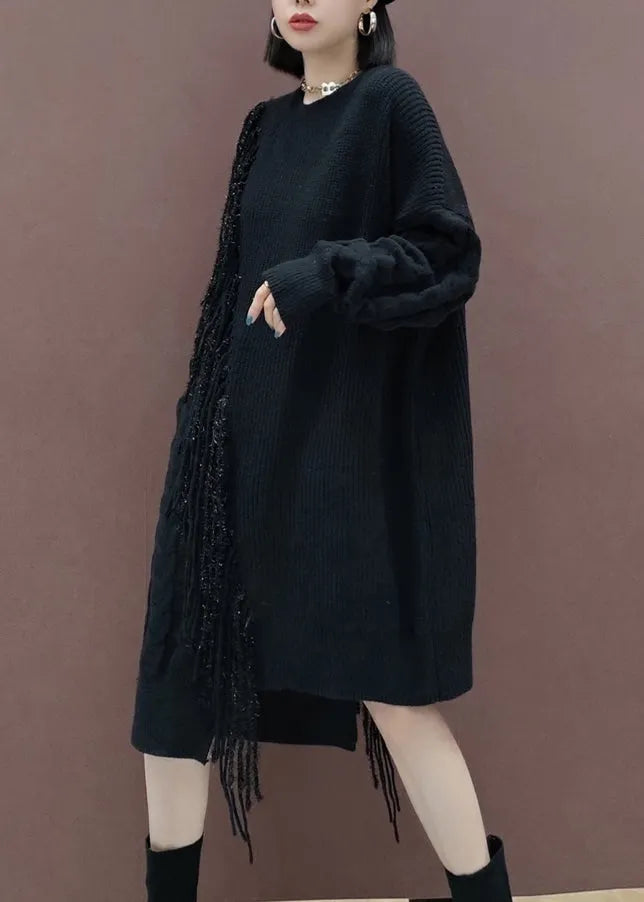 Orange Tasseled Patchwork Knit Knit Sweater Dress Winter