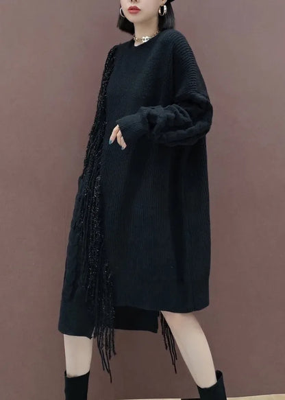 Orange Tasseled Patchwork Knit Knit Sweater Dress Winter