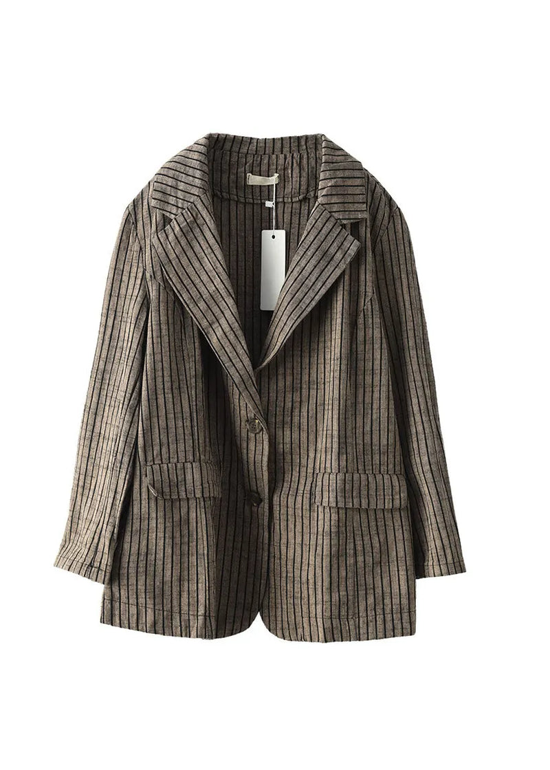 Light Button Pockets V Neck Striped Coats Long Sleeve Fall
