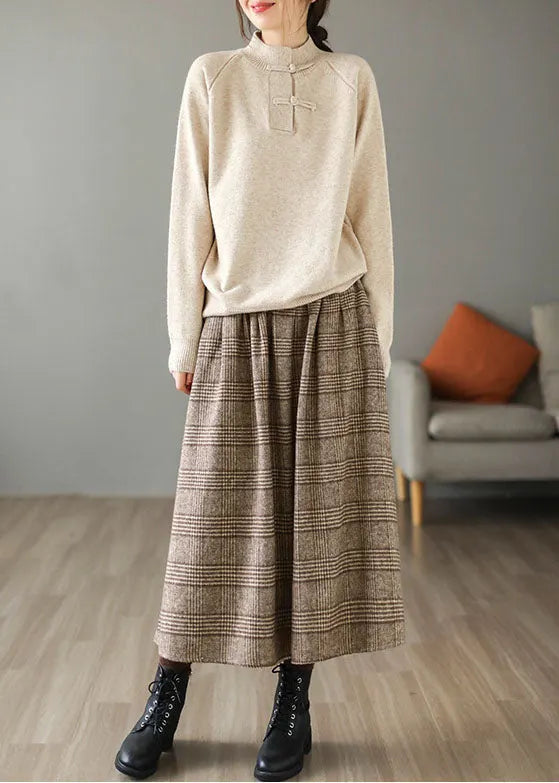 Khaki Plaid Cotton a Line Skirt Elastic Waist Thick Spring