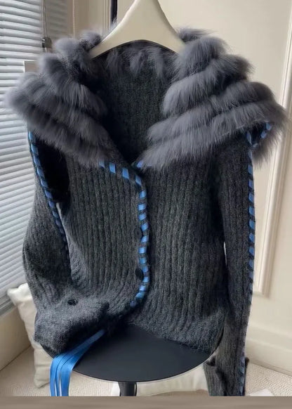 Dark Gray Fur Collar Button Cozy Knit Coat Fall