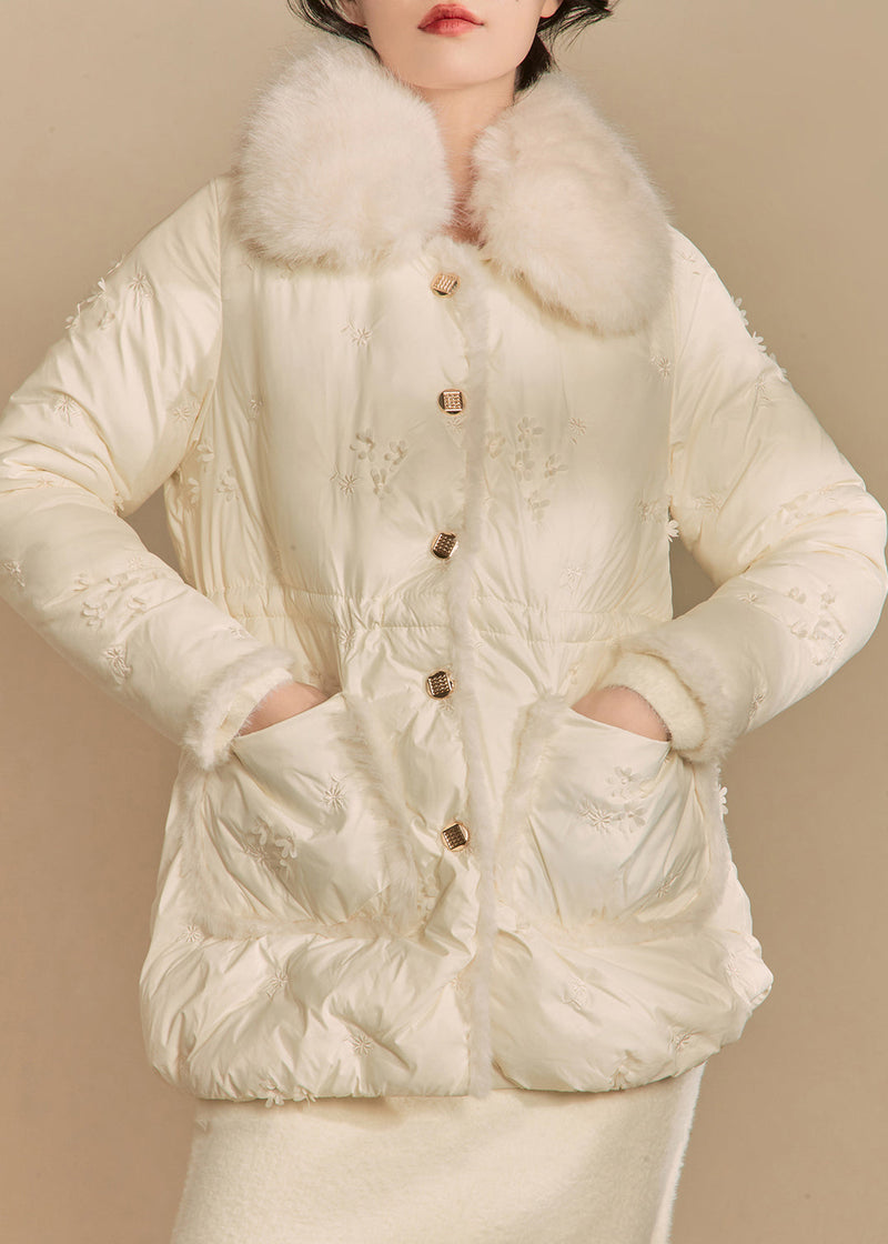 Beige Fur Collar Button Duck Down Puffer Coat Winter