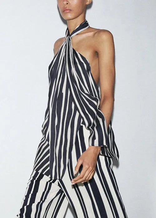Slim Fit Striped Backless Tank and Pants Cotton Two Pieces Set Sleeveless