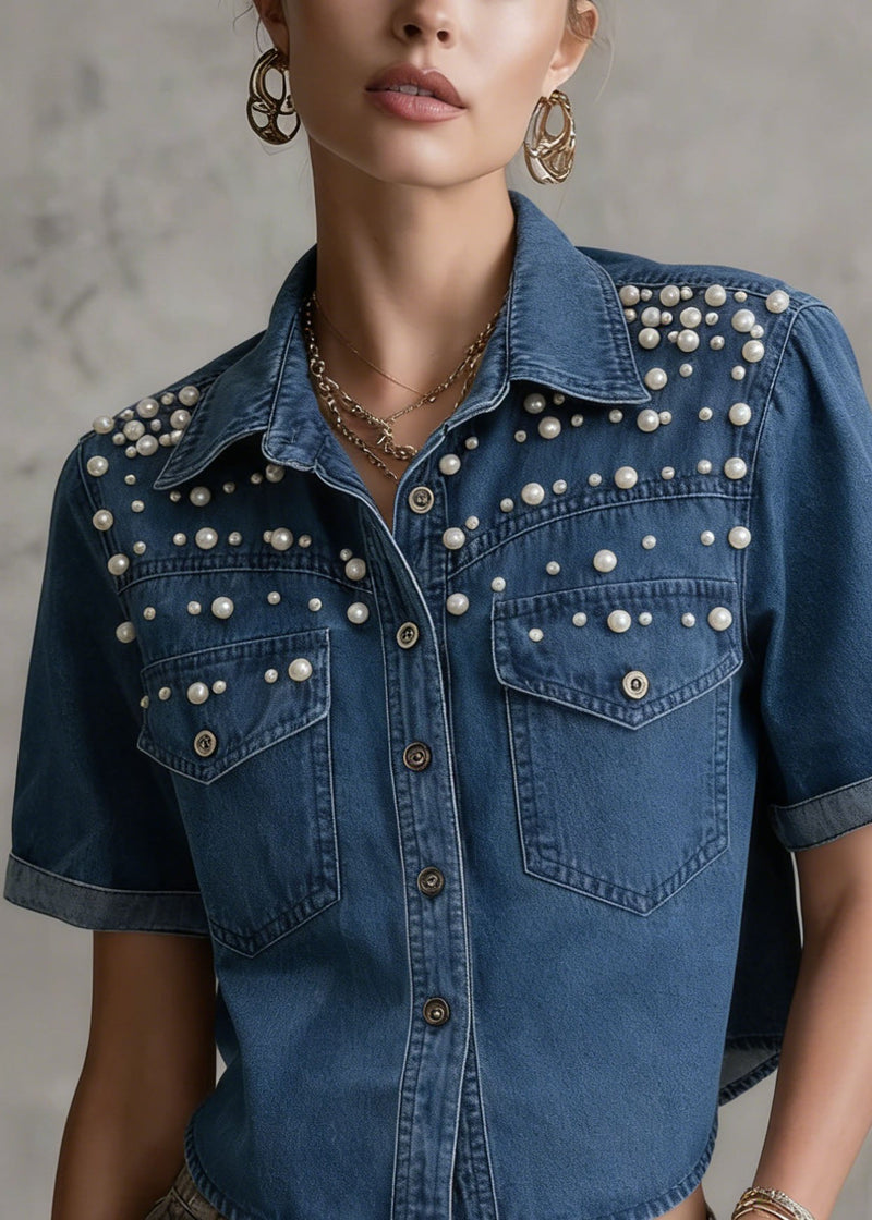 New Navy Peter Pan Collar Nail Bead Denim Shirts Summer
