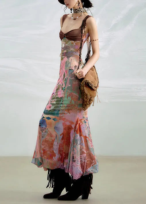Stylish Print High Waist Patchwork Cotton Spaghetti Strap Dress Sleeveless