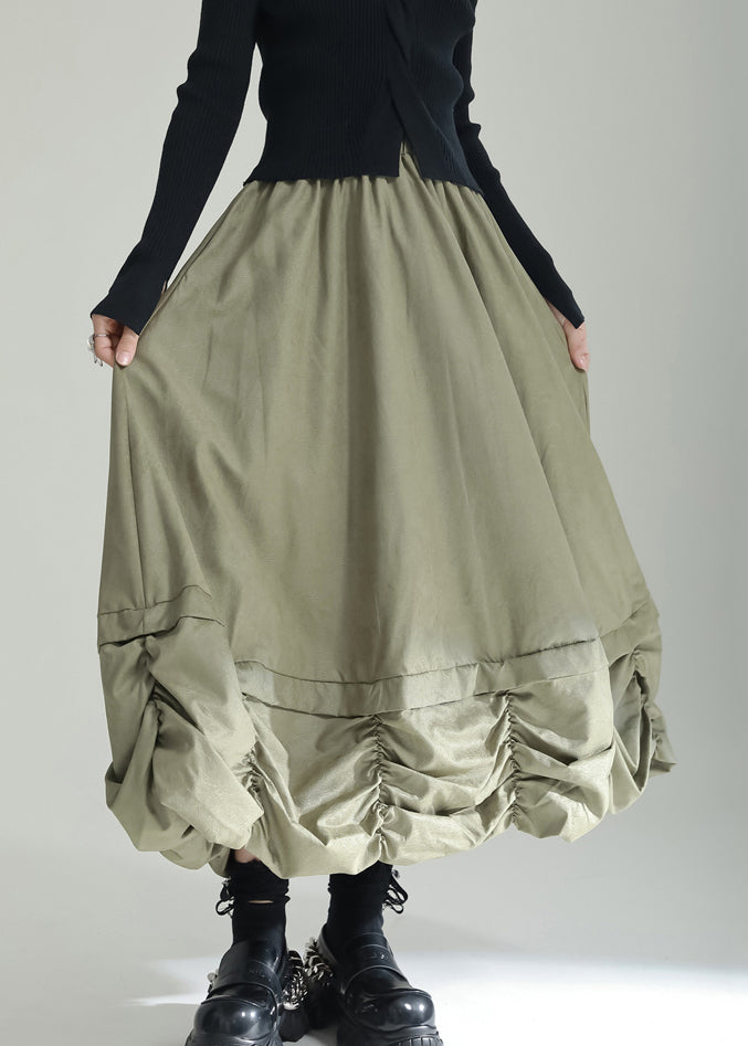 Green Wrinkled Pockets Patchwork Cotton Skirts Fall
