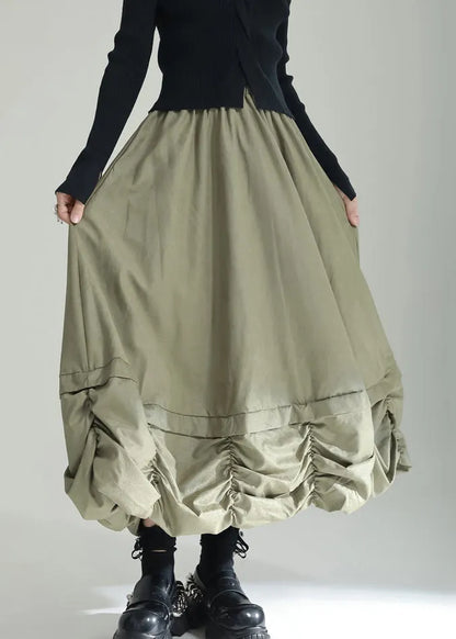 Green Wrinkled Pockets Patchwork Cotton Skirts Fall