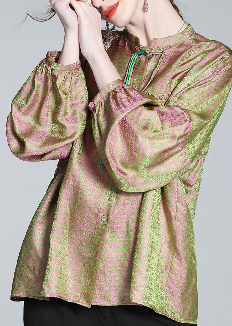 Pink Green Stand Collar Print Button Slik Shirts Lantern Sleeve