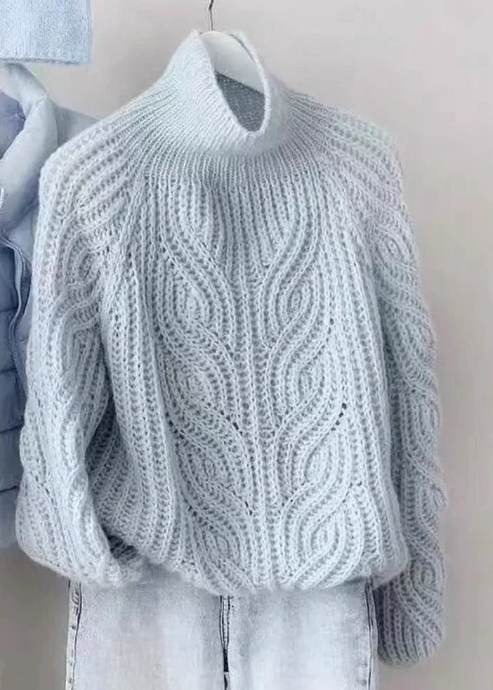 Style Blue Turtleneck Cozy Cotton Knit Cable Knit Sweaters Lantern Sleeve Spring