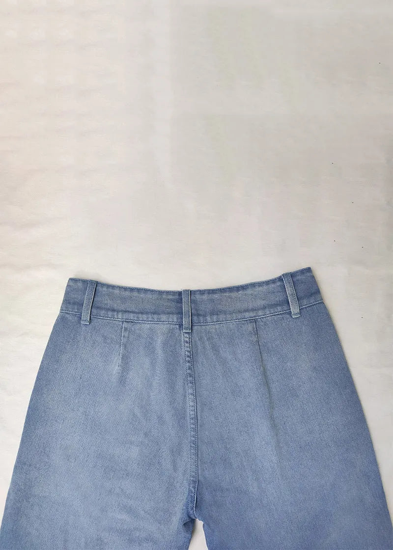 Simple Blue Pockets High Waist Denim Wide Leg Pants Summer