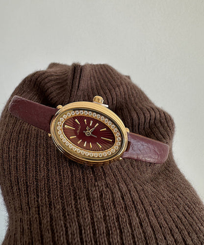 Stylish Dark Red Leather Zircon Hardlex Crystal Watches