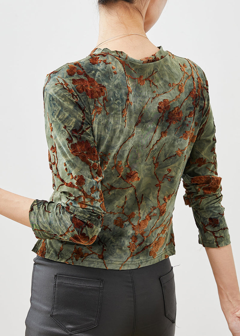 Green Jacquard Asymmetrical Silm Fit Velour Blouses Spring