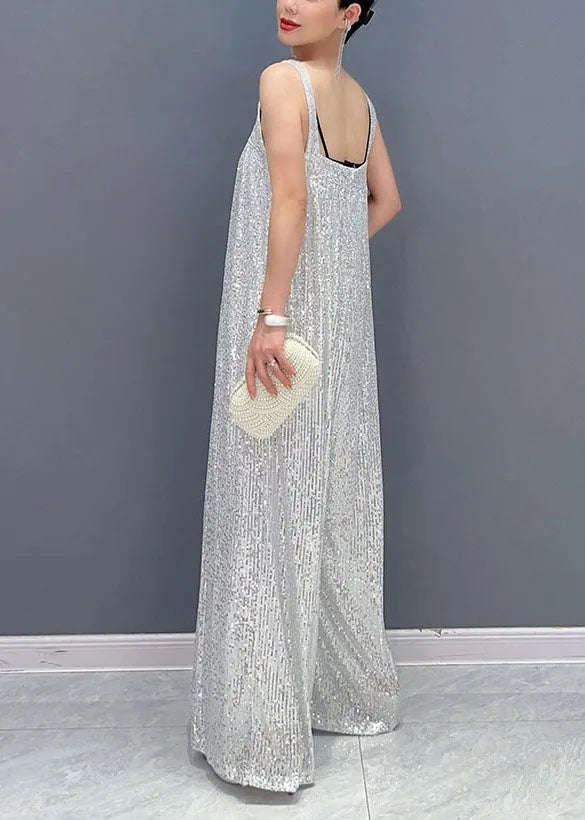 Pink Slash Neck Sequins Spaghetti Strap Jumpsuit Summer