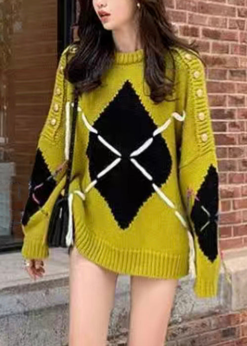 Yellow O Neck Patchwork Cozy Cotton Knit Sweater Batwing Sleeve