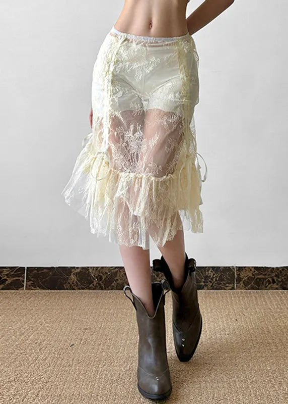 Art Beige Cinched High Waist Lace Skirts Summer