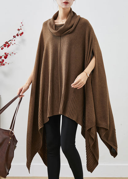 Brown Turtle Neck Asymmetrical Exra Large Hem Knit Sweater Dress Cloak Sleeves