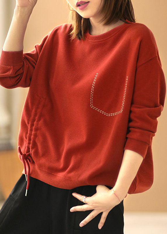 Style Red Loose O-neck Patchwork Fall Sweatshirts Top