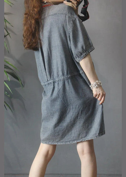 Denim Tie Waist Turn-down Collar Maxi Summer Cotton Dress