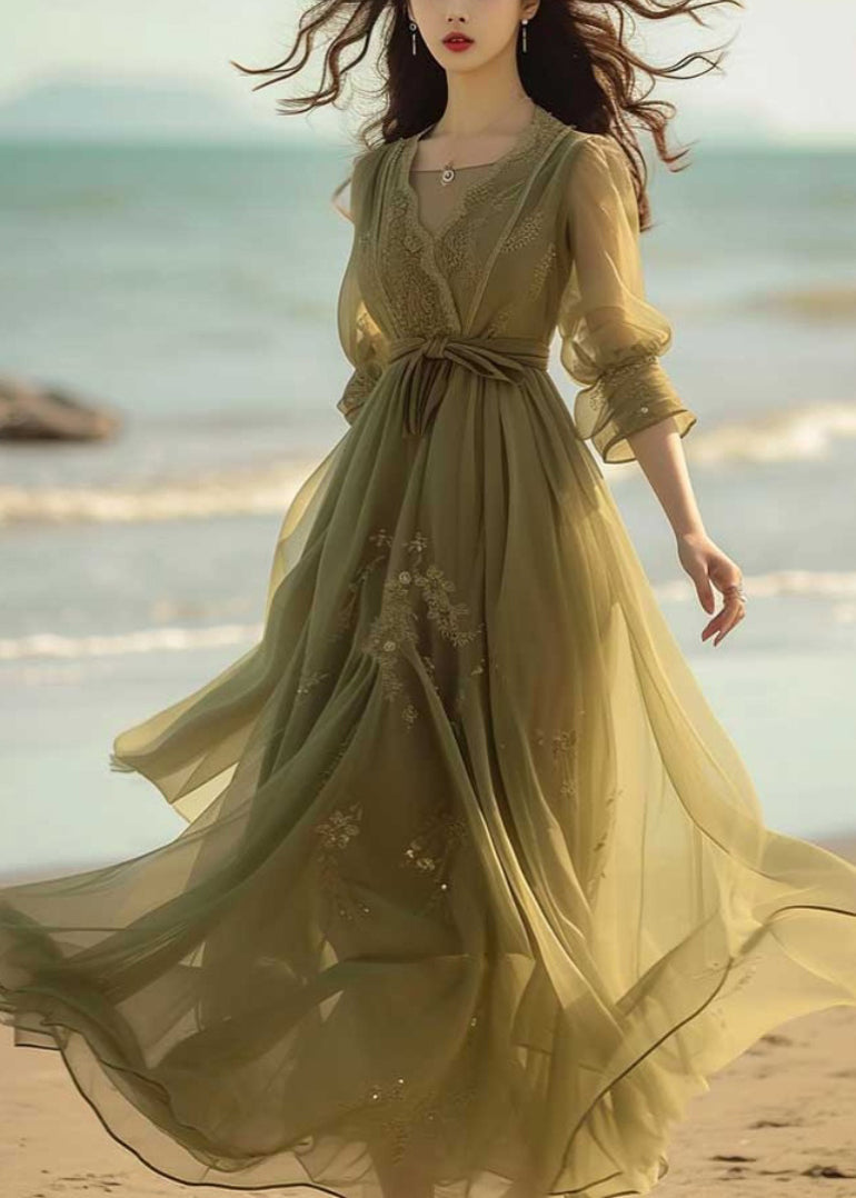 New Green Lace Chiffon Dress Bracelet Sleeve Summer