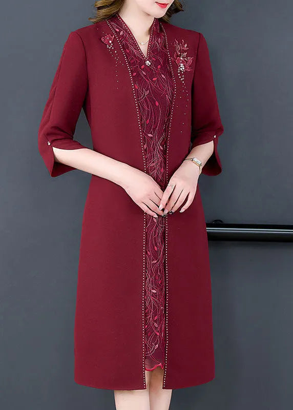 Mulberry V Neck Embroideried Silk Fake Two Piece Dress Bracelet Sleeve