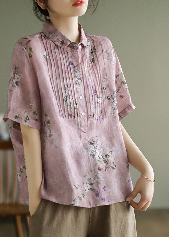 Pink Peter Pan Collar Print Button Linen Shirts Short Sleeve