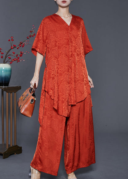 Orange Asymmetrical Print Silk Two Piece Set Summer