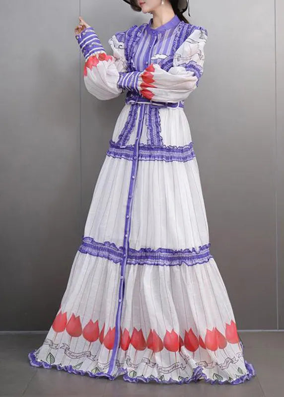 Fine White Stand Collar Ruffled Button Chiffon Maxi Dress Lantern Sleeve Spring