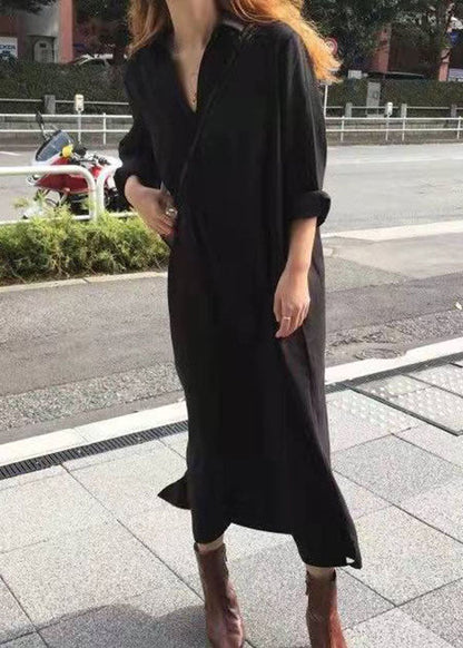 French Black Cinched Side Open Cotton Dresses Half Sleeve