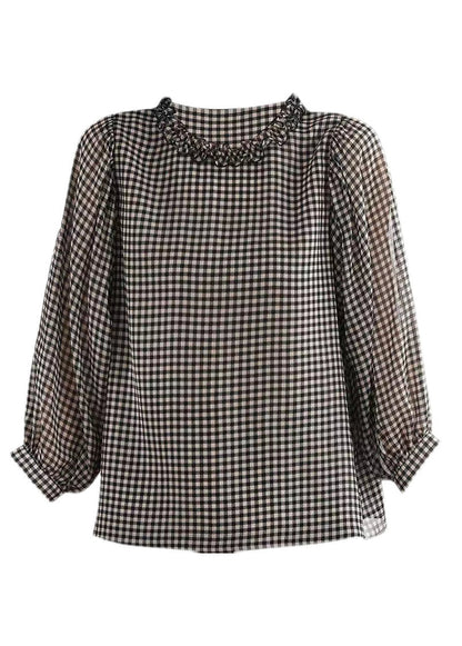 Boutique Black White Plaid O-neck Button Ruffled Silk Top Puff Sleeve