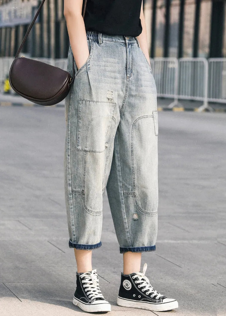 Blue Oversized Patchwork Applique Denim Ripped Pants Summer