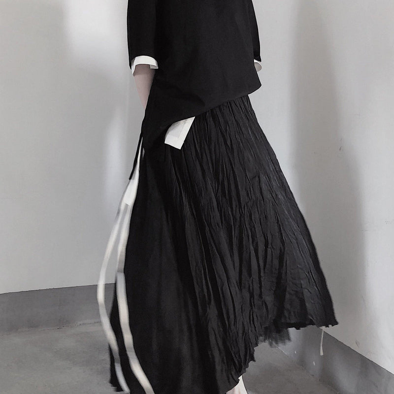 Black Pleated Double Layer Design With Elastic Waist Skirt on Both Sides