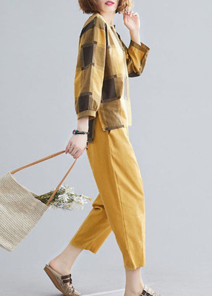 Art Yellow O-neck Plaid Cotton Two Pieces Set Spring