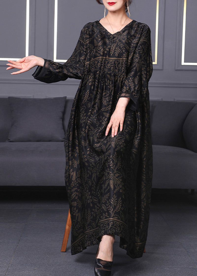 Black O-neck Print Silk Maxi Dress Long Sleeve
