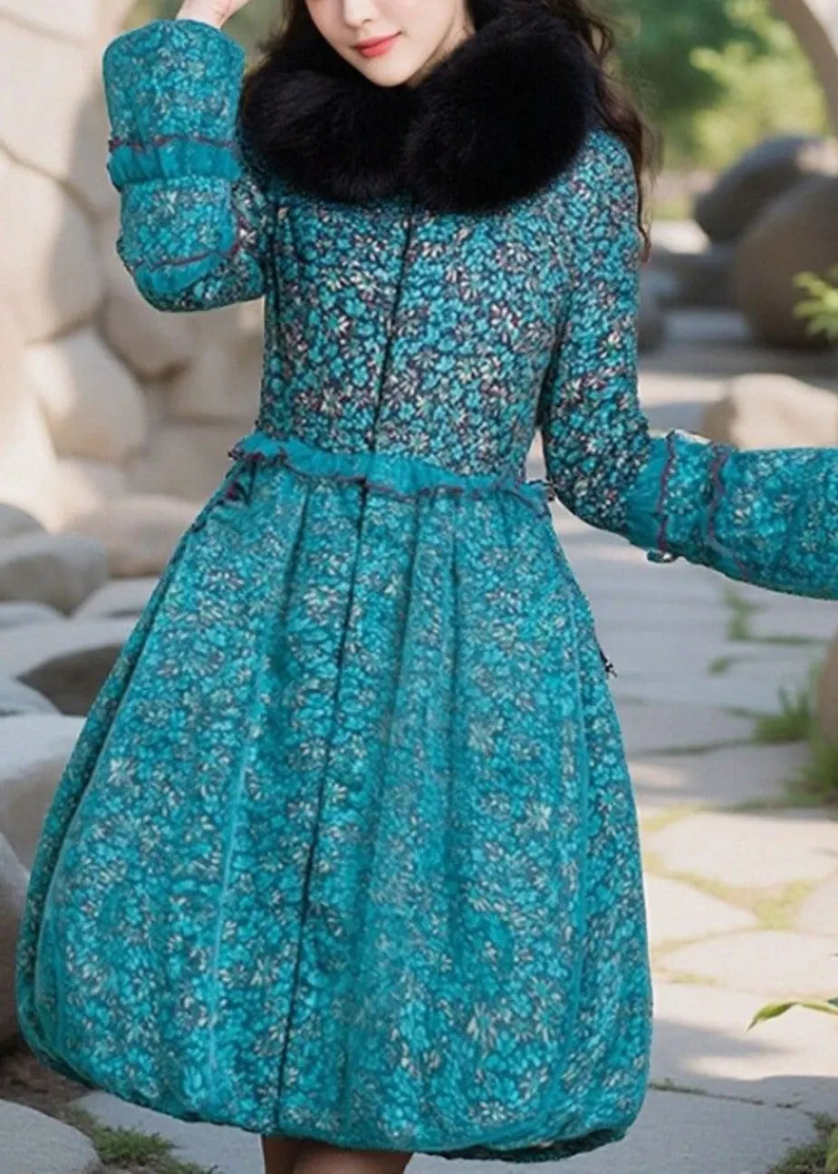 Blue Print Ruffled Patchwork Fine Cotton Filled Coat Winter