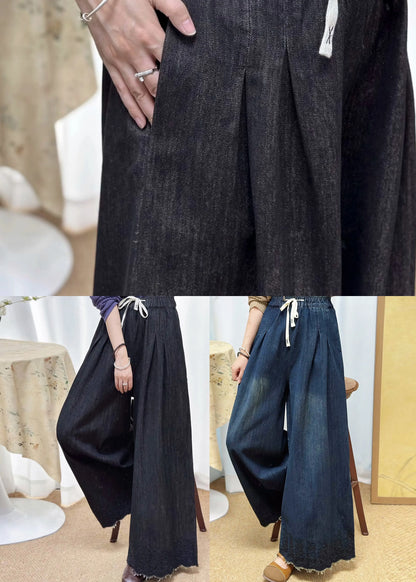 Navy Pockets Denim Wide Leg Pants Embroidered Fall