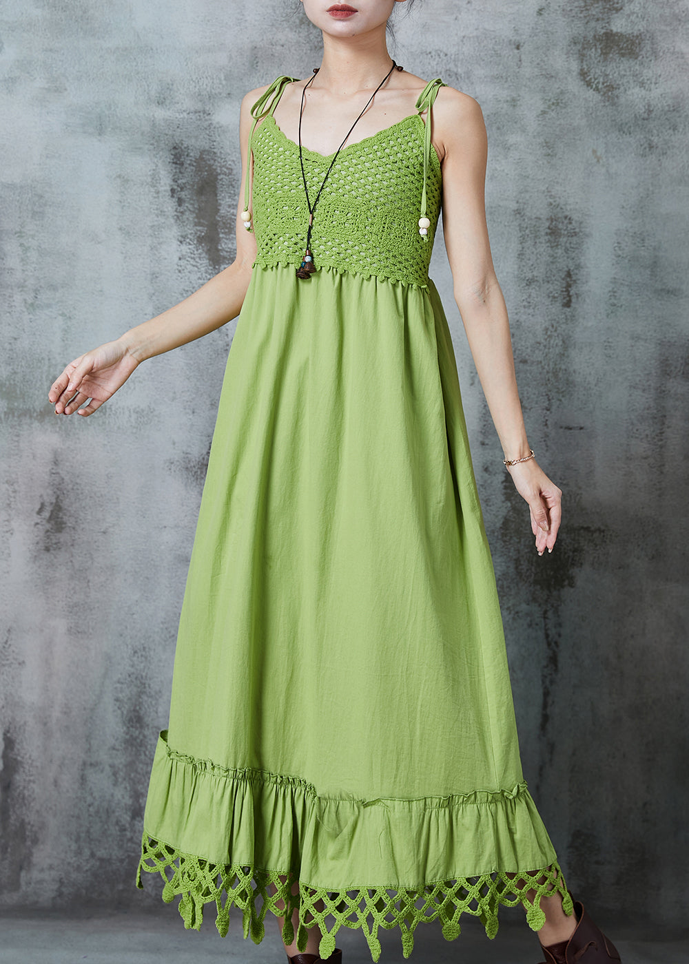 Green Silm Fit Patchwork Cotton Spaghetti Strap Dress Summer