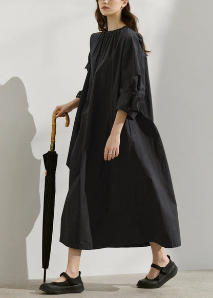 Black O Neck Bow Loose Cotton Dress Summer