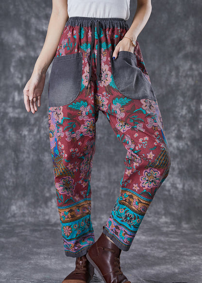 Red Print Elastic Waist Patchwork Pockets Cotton Harem Pants Fall