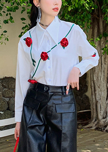 Italian White Peter Pan Collar Roses Patchwork Button Shirt Long Sleeve