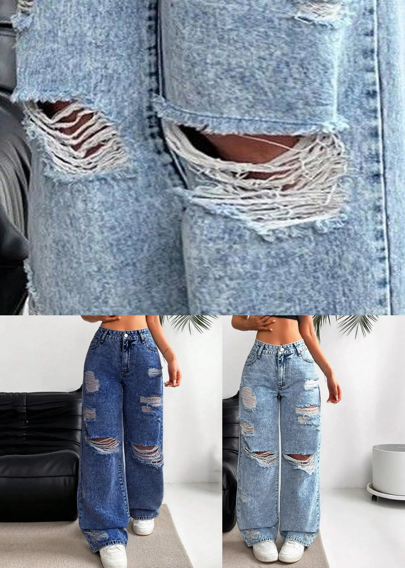 Blue Pockets Patchwork Ripped Wide Leg Jeans