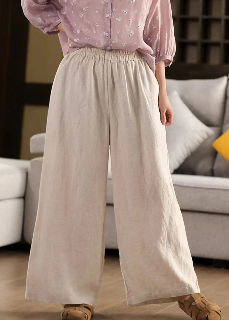 Beige Pockets Loose Linen Wide Leg Pants Elastic Waist Summer