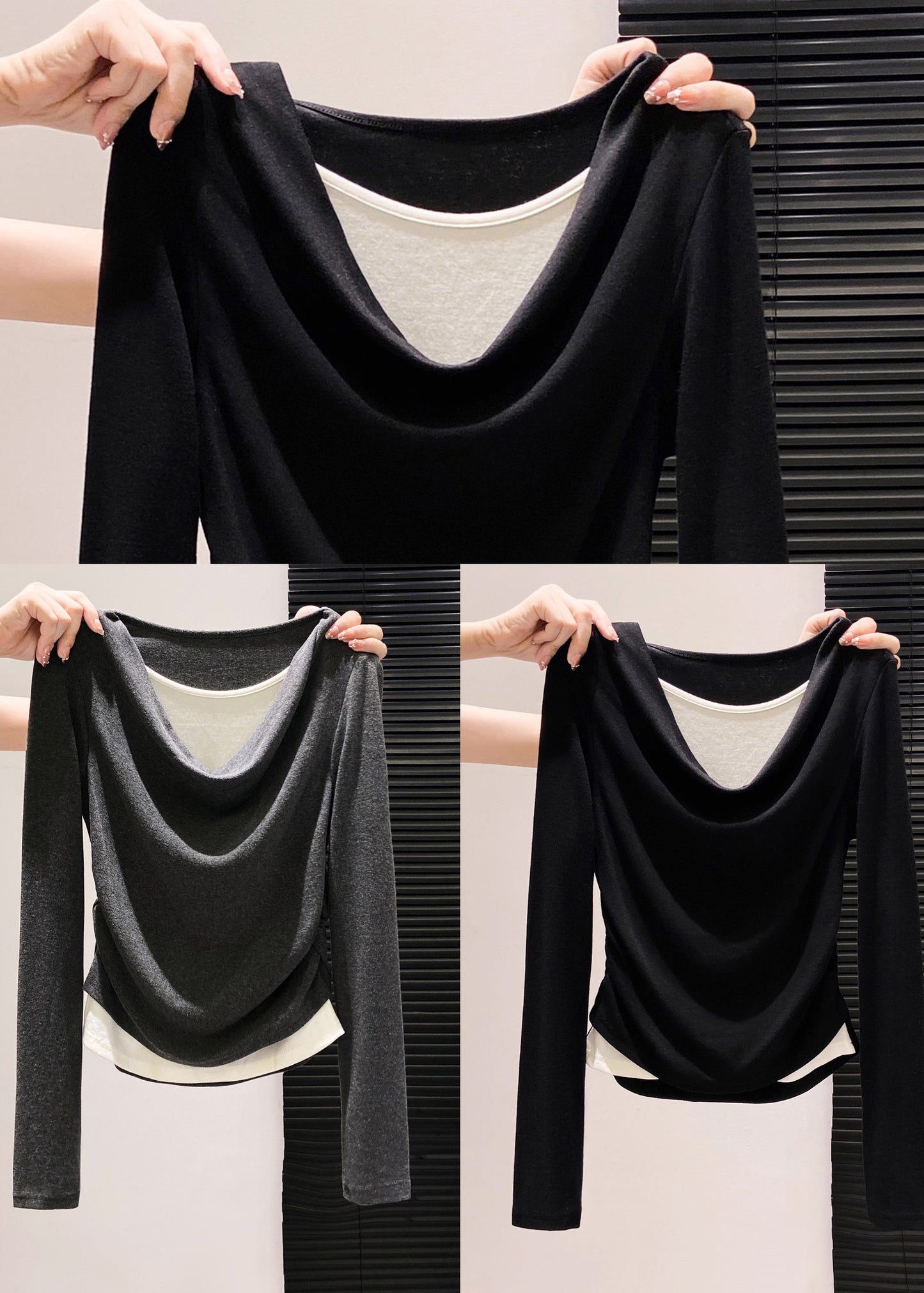 Stylish Black Wrinkled Cotton Fake Two Piece Tops Fall