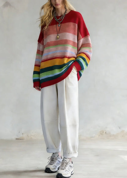 Rainbow Striped O-neck Knit Sweaters and White Pants Two Pieces Set Spring