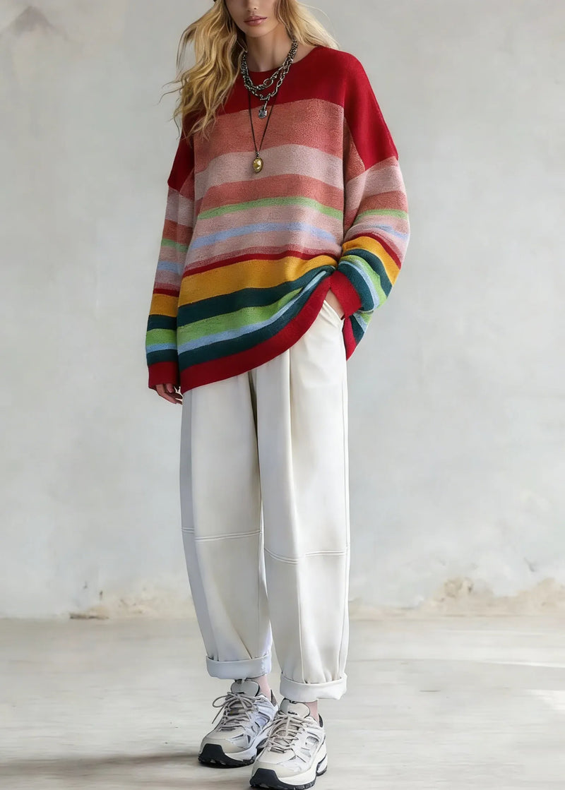 Rainbow Striped O-neck Knit Sweaters and White Pants Two Pieces Set Spring