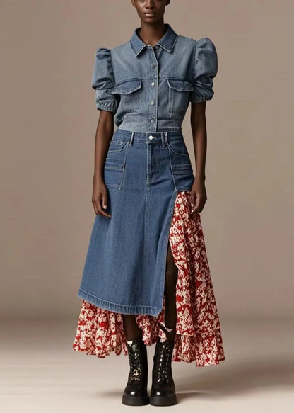 Blue Asymmetrical Patchwork Print Denim Skirt Spring