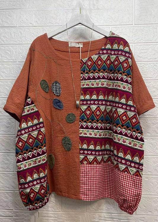 Orange Asymmetrical Print Patchwork Cotton T Shirts Top Summer